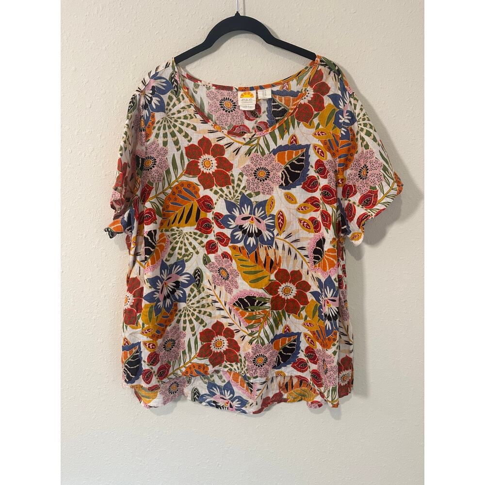 C&C California tropical floral tunic top 100% linen Women 1X